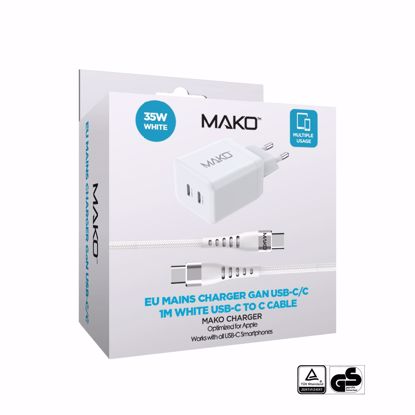Picture of Mako Mako 35W EU Mains Charger for USB-C/USB-C & USB-C to USB-C Cable 60W USB 2.0 1M Bundle in White